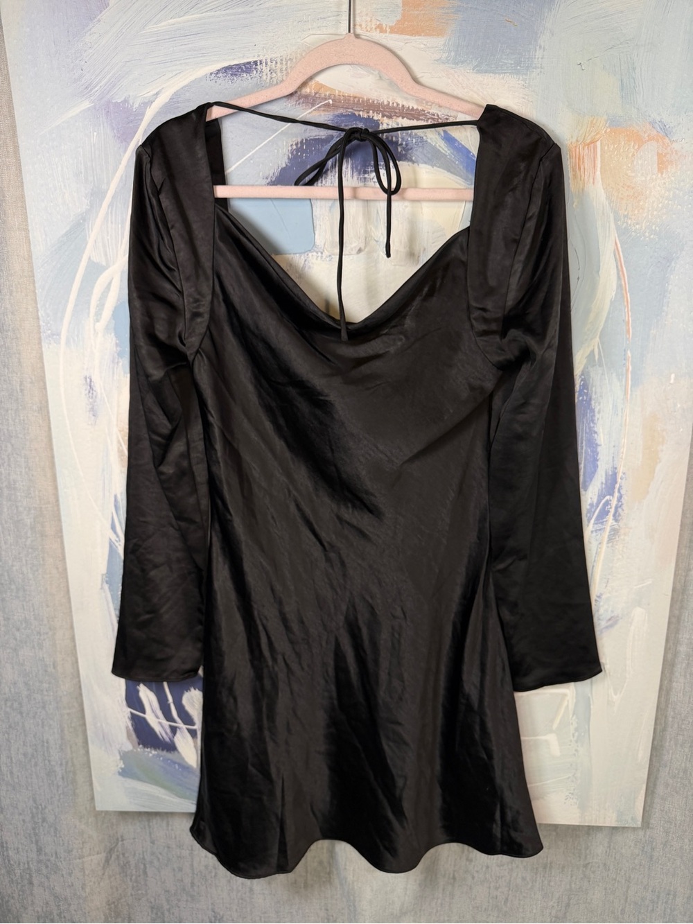 ASTR The Label Black Cowl Neck Tie Back Mini Dress Long Sleeve Open Back Satin - Picture 2 of 9